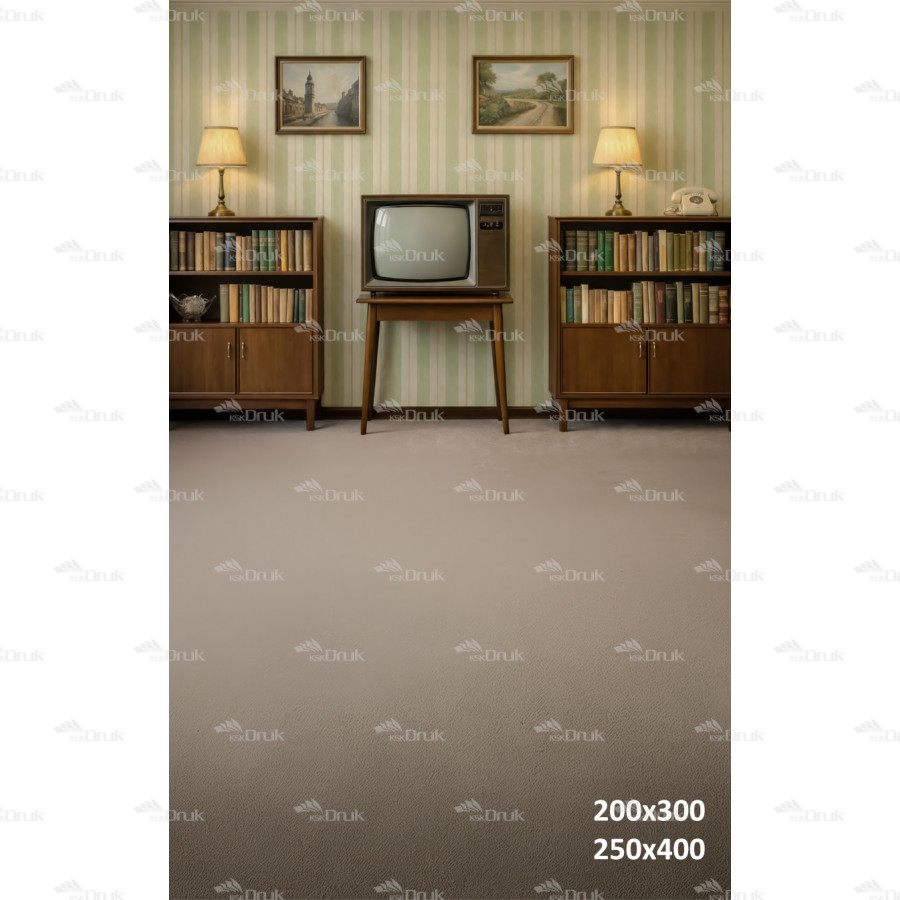 Tło fotograficzne „Retro salon z telewizorem i biblioteczkami” | 3825